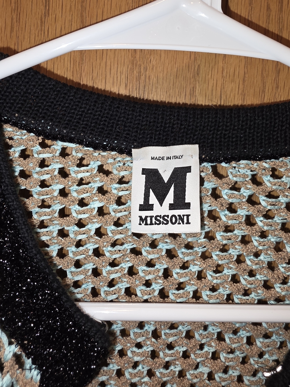 Vintage Missoni Cropped Open-Knit Tie-Front Sweater in Light Blue, Tan & Black - Picture 2 of 6